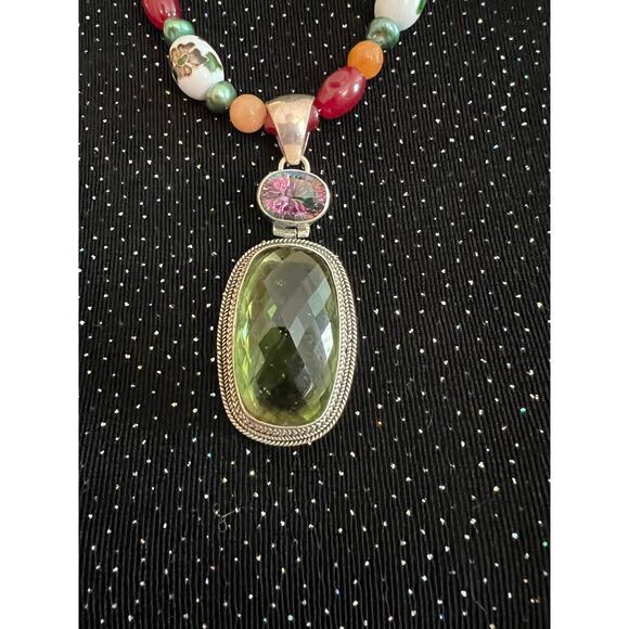 22” Cloisonne Necklace w/Sterling Amethyst and Topaz Medallion, Pearls and Beads - Picture 2 of 5